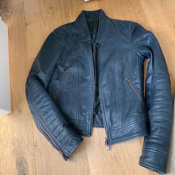 J Crew Standing Collar Leather jacket 00 navy blue - Picture 3 of 8